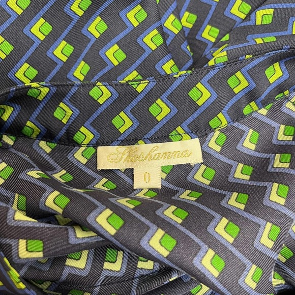 Shoshanna Navy Green Geometric Print Button 3/4 Sleeve Top 0 - Picture 2 of 5